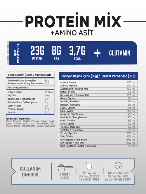 PROTEİN MİX+ AMİNO ASİT 500GR SPORCU BESİNİ